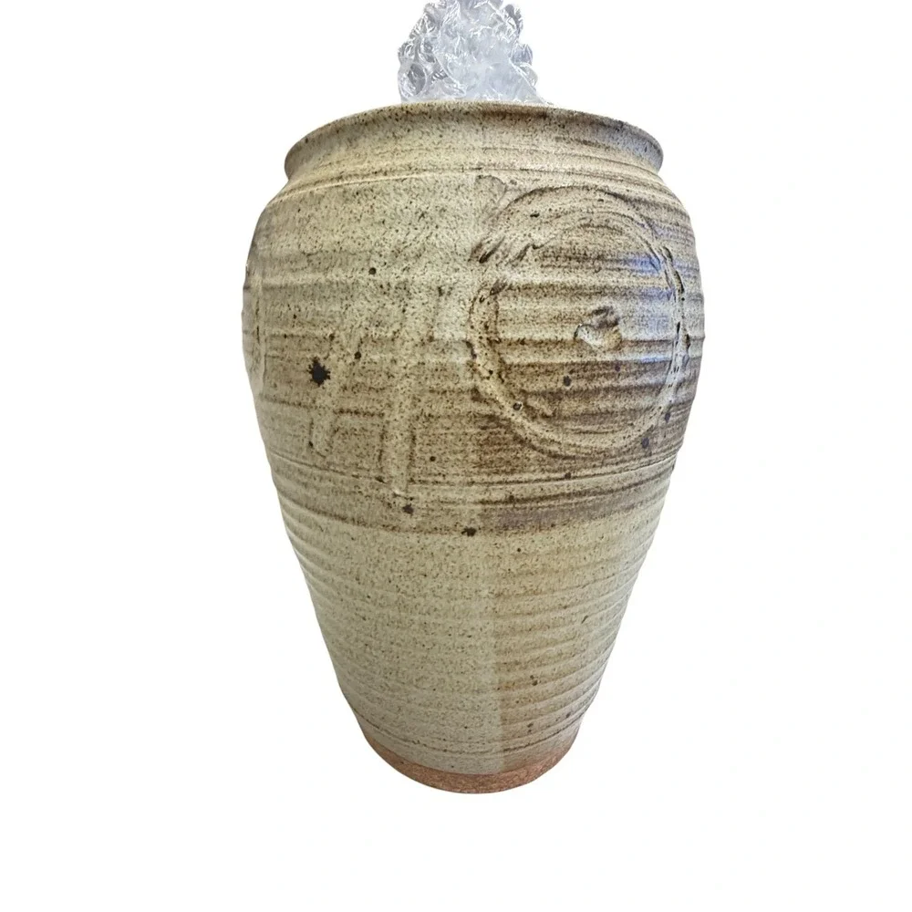 Vintage Studio Pottery Stoneware Vase Hand Carved Ribbed Earth Tones Signed 11in